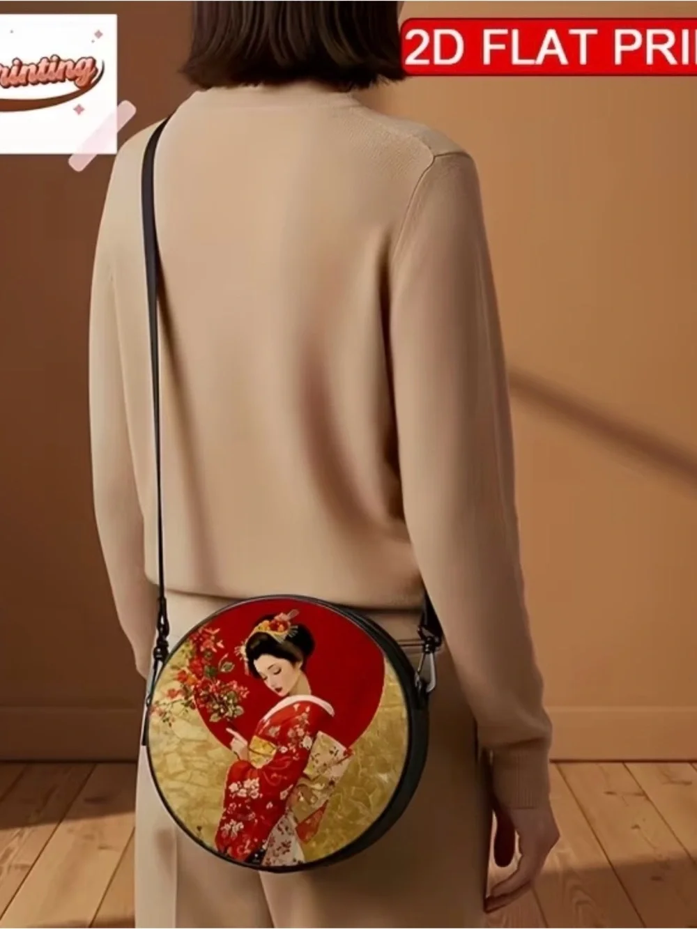 Round Black Crossbody Bag with Red Floral Geisha Print